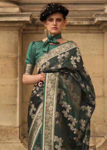 Multicoloured rangkat silk saree in dark green