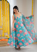 Blue floral print kali cut anarkali suit