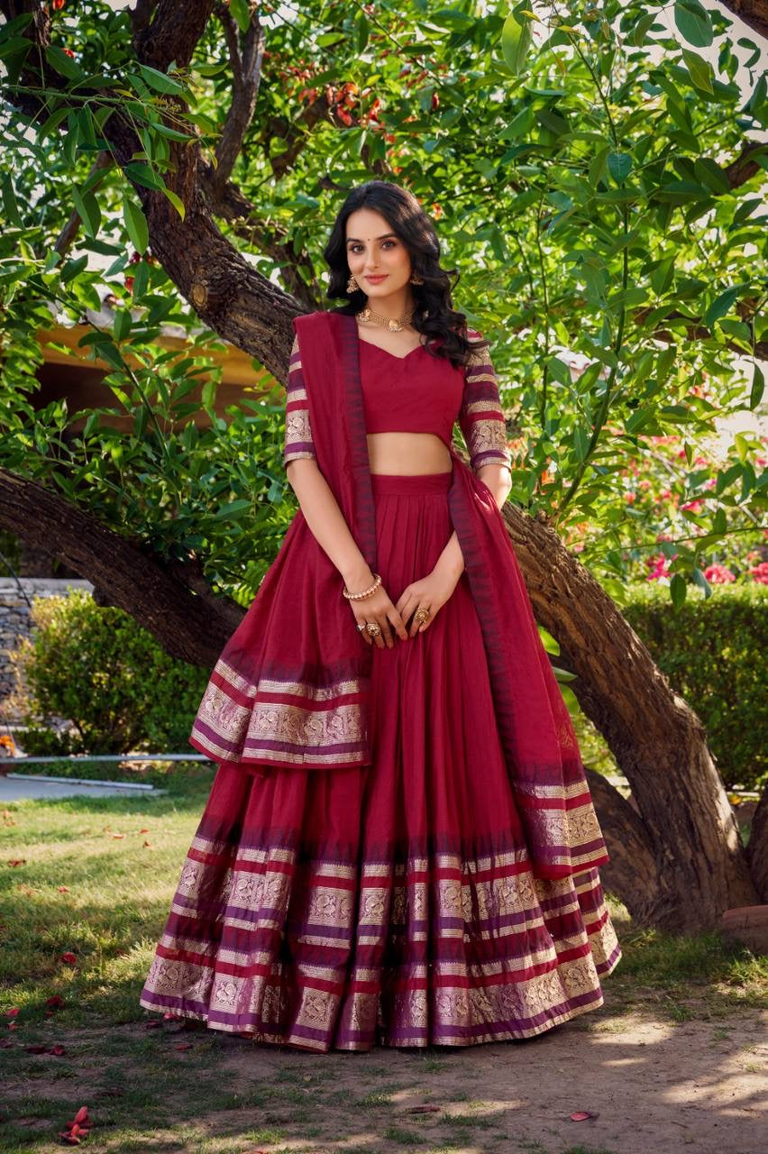 Pure chanderi and zari Lehenga in red (skirt stitched)