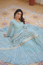 Pastel 5 layer gowns with sequinned dupatta in sky blue