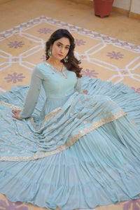 Pastel 5 layer gowns with sequinned dupatta in sky blue