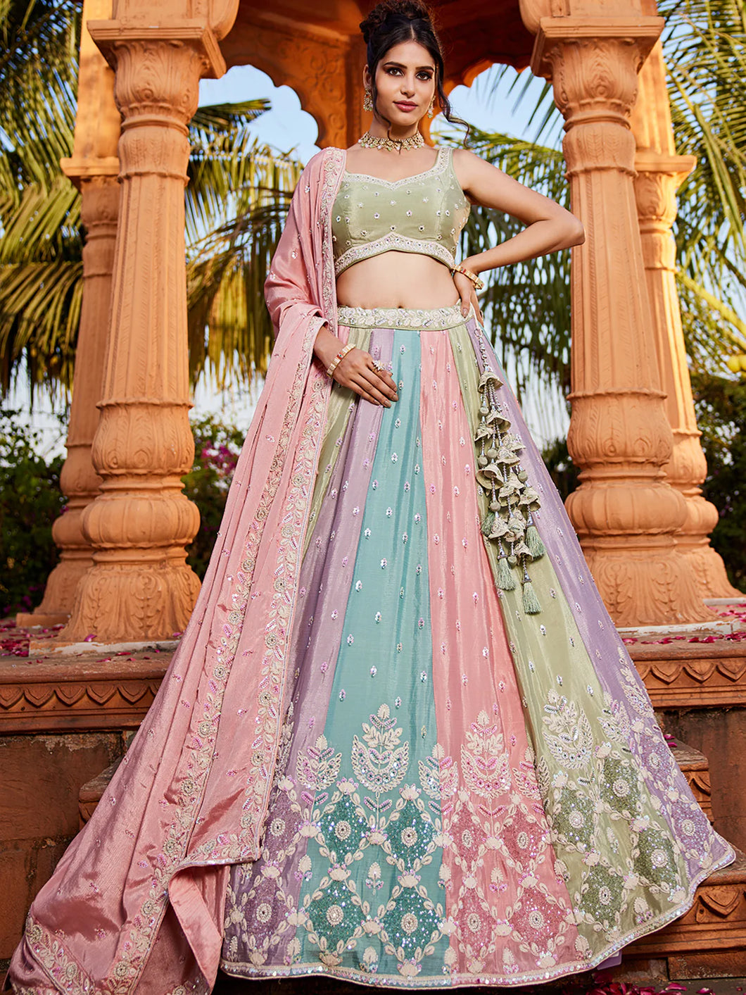 Pink chinnon multicoloured panelled Lehenga