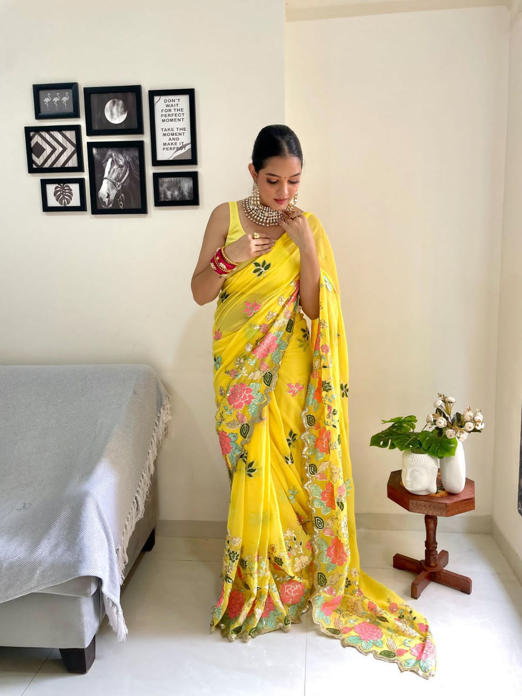 Floral sequins saree with multi colour embroidery in yellow