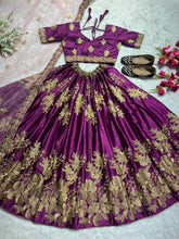 Purple satin and gold lehenga