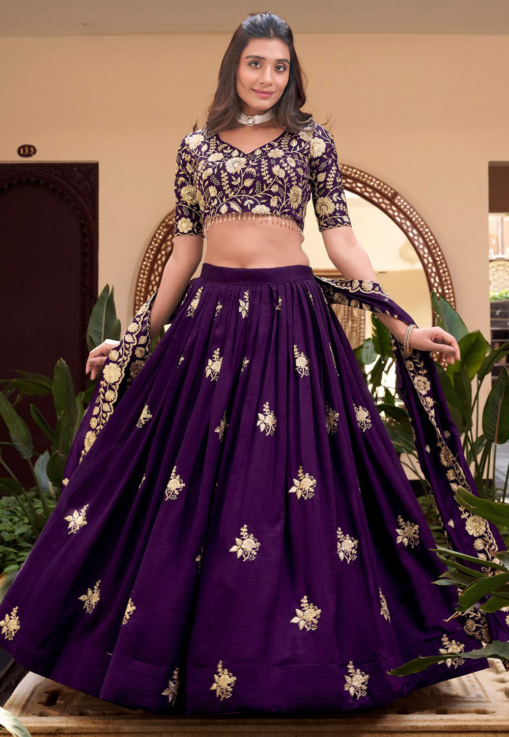 Purple silk Lehenga with pearl coding (skirt stitched)