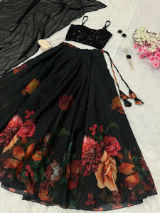 Black sparkly blouse and organza Lehenga