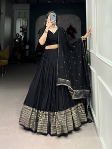 Chanderi silk plain Lehenga in black (skirt stitched)