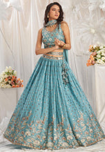 Turquoise blue georgette thread and sequins Lehenga