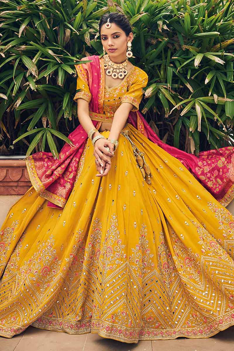 Yellow viscose Lehenga with dola silk dupatta