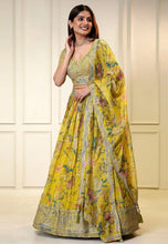 Mustard yellow floral organza bird print Lehenga
