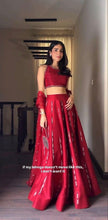 Red mirror work satin silk lehenga