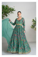 Ahana - Green floral chinon mirror work anarkali