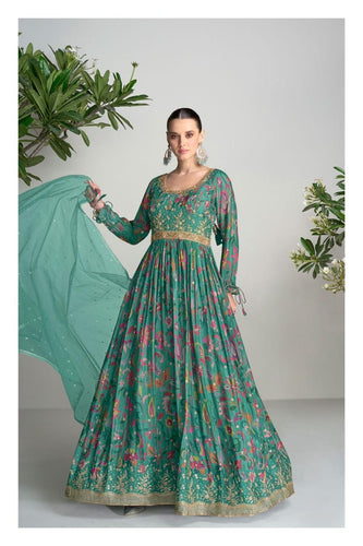 Ahana - Green floral chinon mirror work anarkali