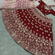 Maroon velvet embroidered Lehenga