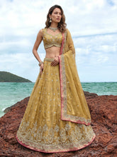 Mustard tissue embroidered lehenga