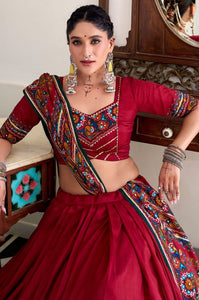Tussar silk Lehenga with gamthi work readymade in red