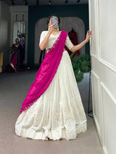 White lucknowi Lehenga with pink dupatta (skirt stitched)