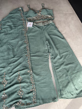 Boutique collection - mirror work olive green palazzo set with jacket (longer blouse)