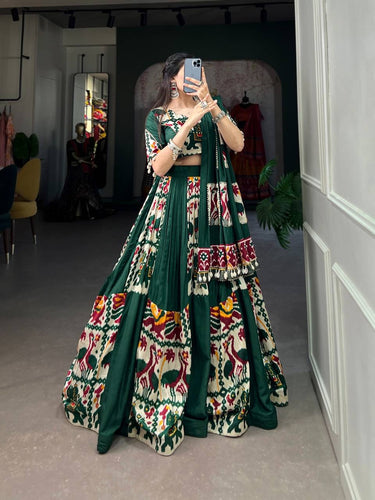 Rayon and printed silk Lehenga choli in dark green - readymade