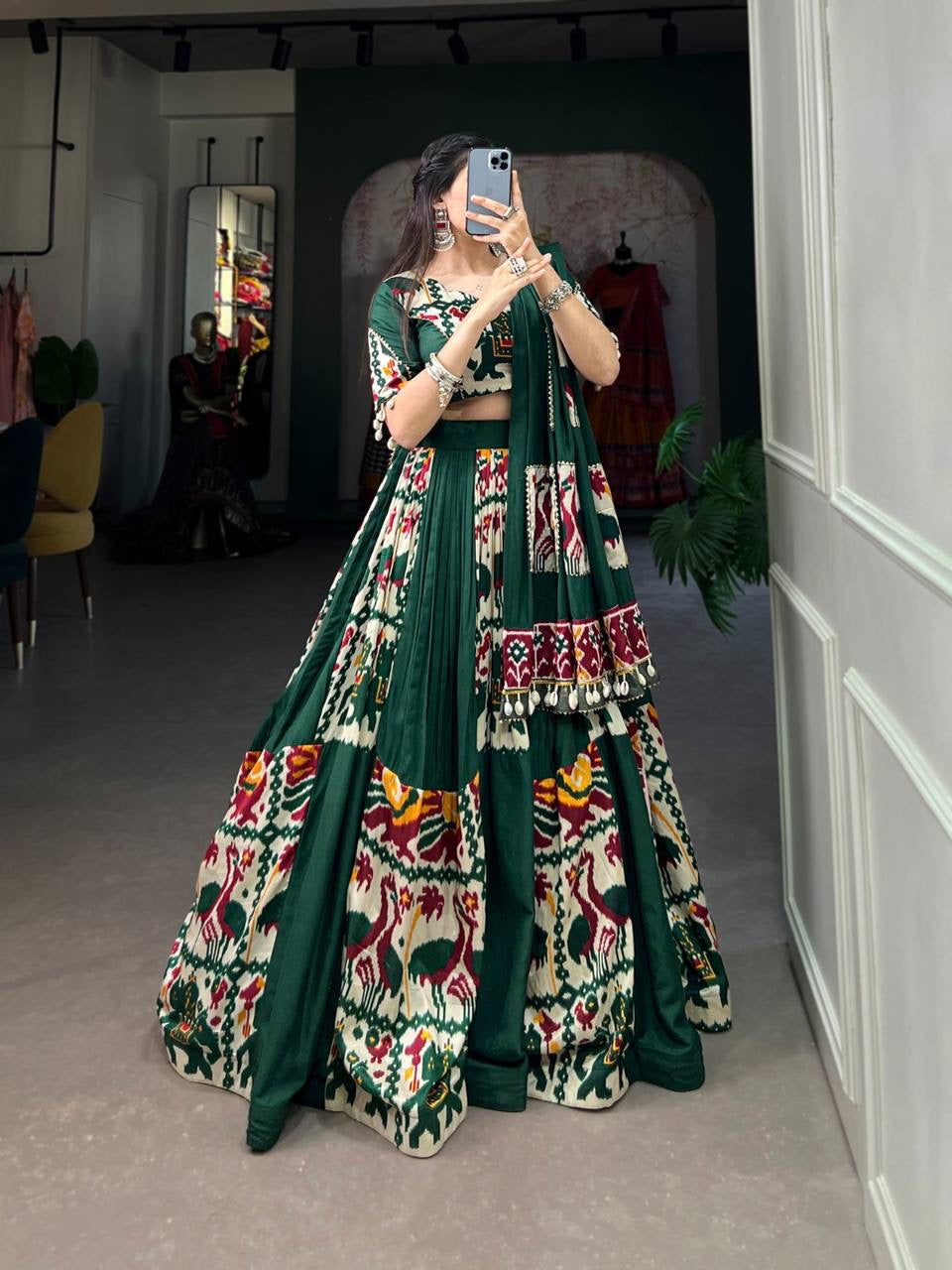 Rayon and printed silk Lehenga choli in dark green - readymade
