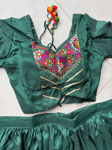 Tussar silk Lehenga with gamthi work readymade in bottle green