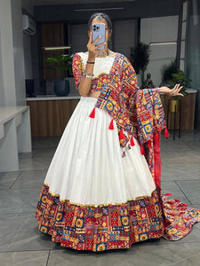 White and red foil work cotton chaniya choli - readymade