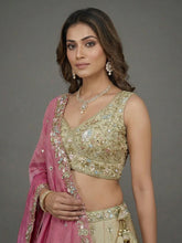 Beige and contrasting pink dupatta lehenga