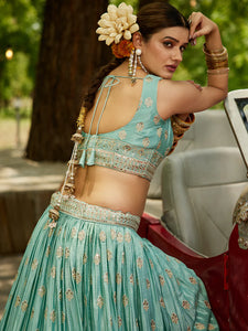 Sea green chiffon embroidered Lehenga