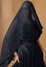 Deep navy blue chinon silk embroidered gown