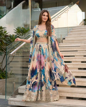 Blue watercolour print with cape palazzo set