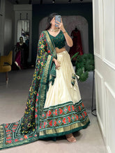 Tussar silk Lehenga with patola print in green