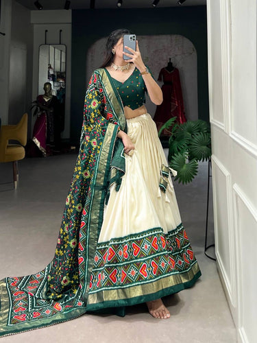 Tussar silk Lehenga with patola print in green