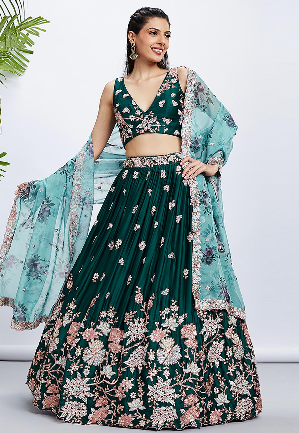 Green floral embroidered Lehenga with floral dupatta