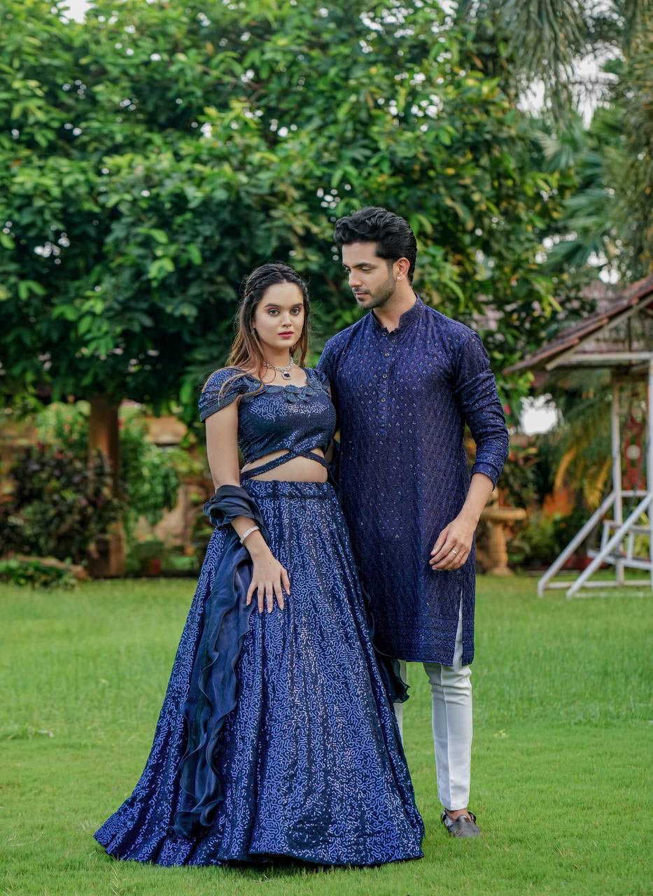 Cinderella blue sequins readymade Lehenga (matching men’s kurta available)