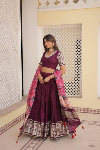 Viscose jacquard Lehenga with gaji silk dupatta in wine