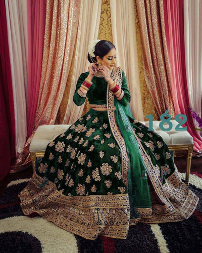 Green and gold velvet Lehenga