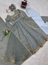 Steel grey anarkali in fendi silk