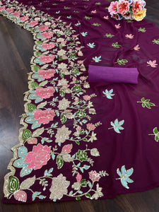 Floral sequins saree with multi colour embroidery in wine