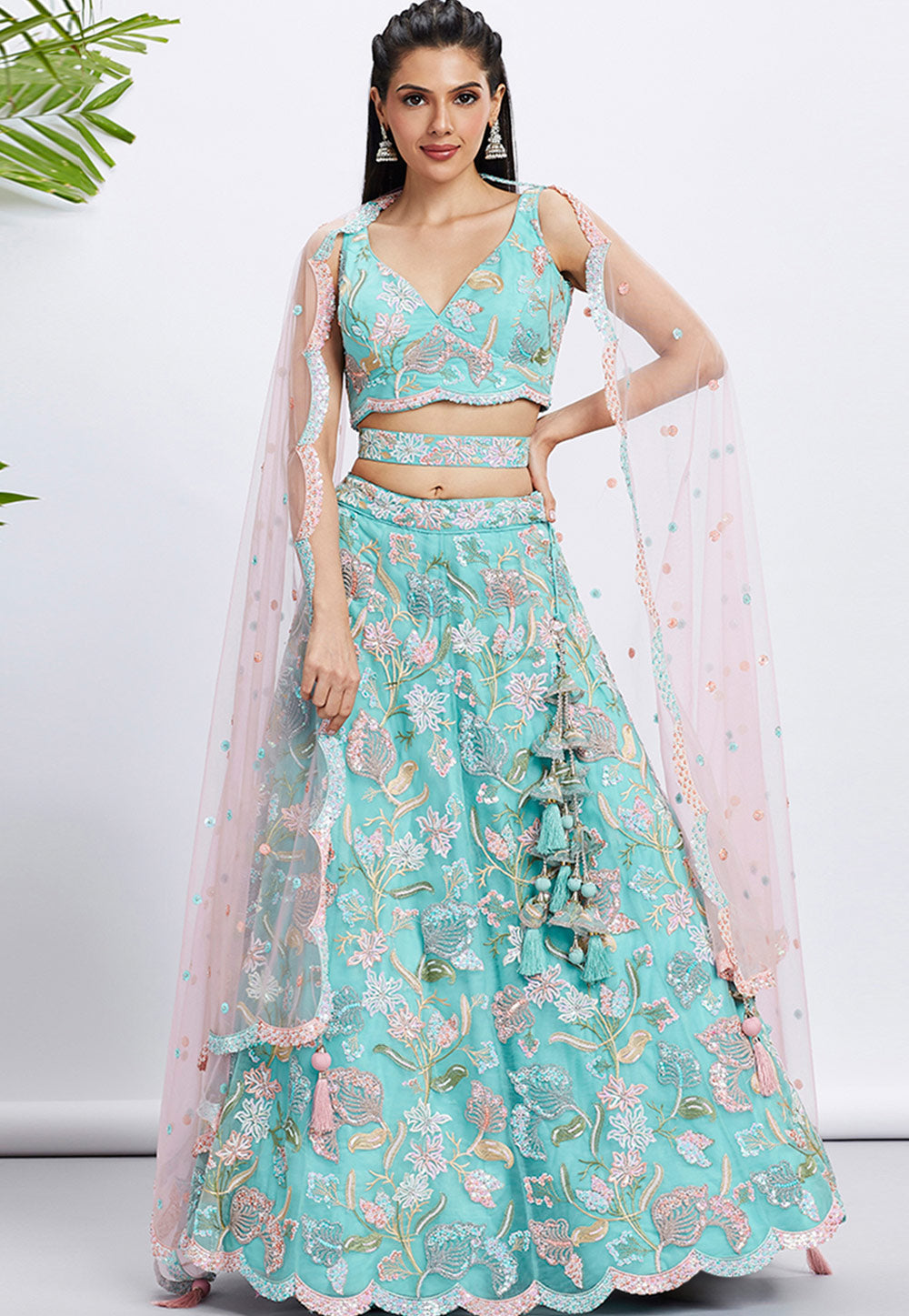 Turquoise blue embroidered floral Lehenga