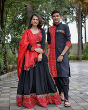 Simple black readymade chaniya choli (matching men’s dhoti set available)