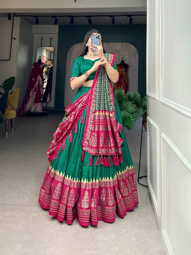 Tussar silk in timeless grace Lehenga in green