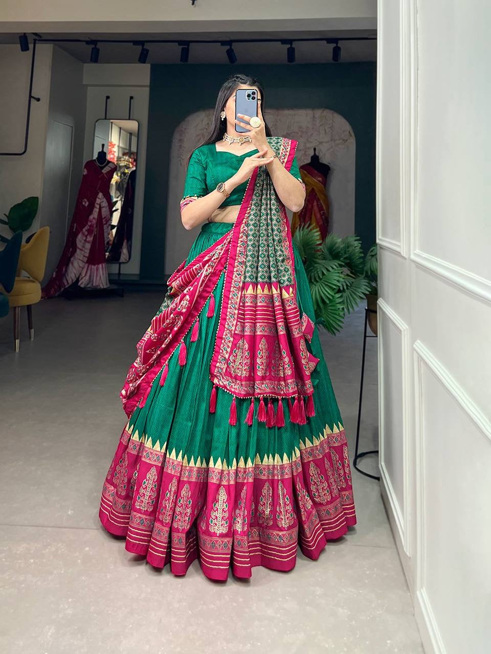Tussar silk in timeless grace Lehenga in green