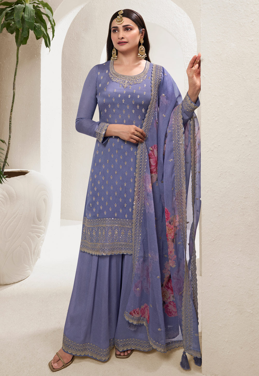 Prachi Desai blue chinon silk suit