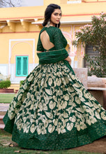Tussar silk Lehenga in green with white flowers