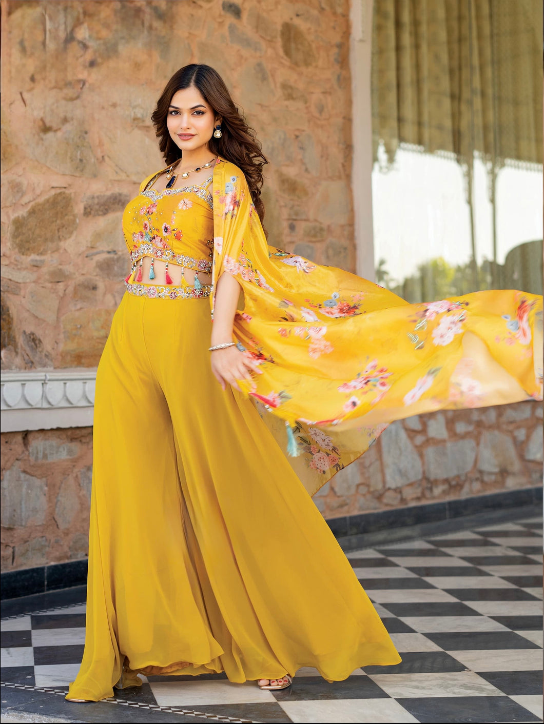 Yellow palazzo with floral cape (haldi/pithi)