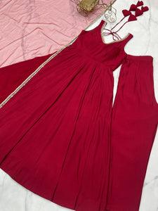 Roman chanderi silk anarkali set in maroon (sleeves available)