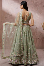Pistachio green georgette embroidered flared Lehenga