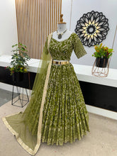 Green and gold floral sequins Lehenga (blouse stitched)