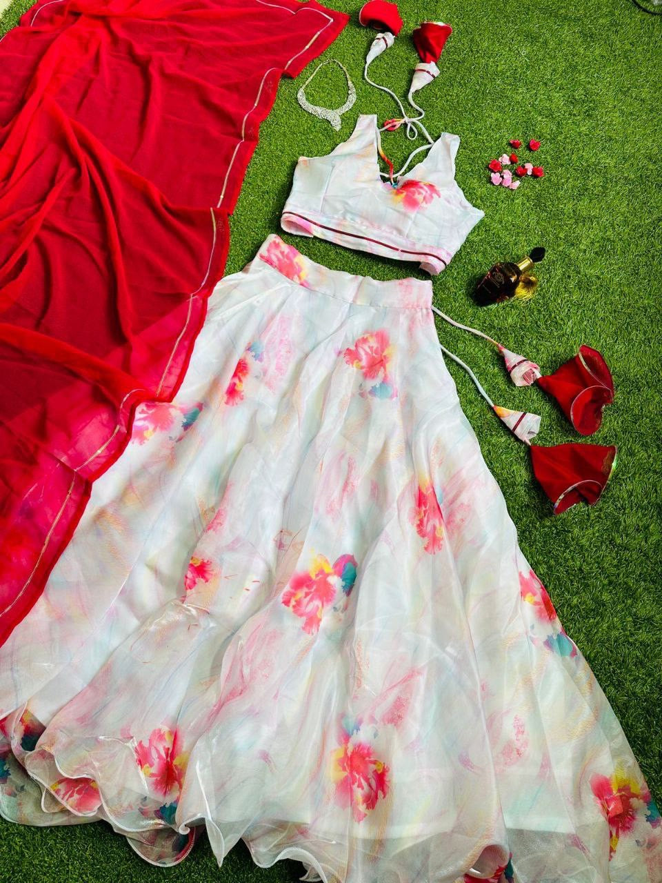 White floral digital print Lehenga - readymade