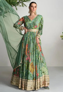 Scarlet - sea green chinon anarkali